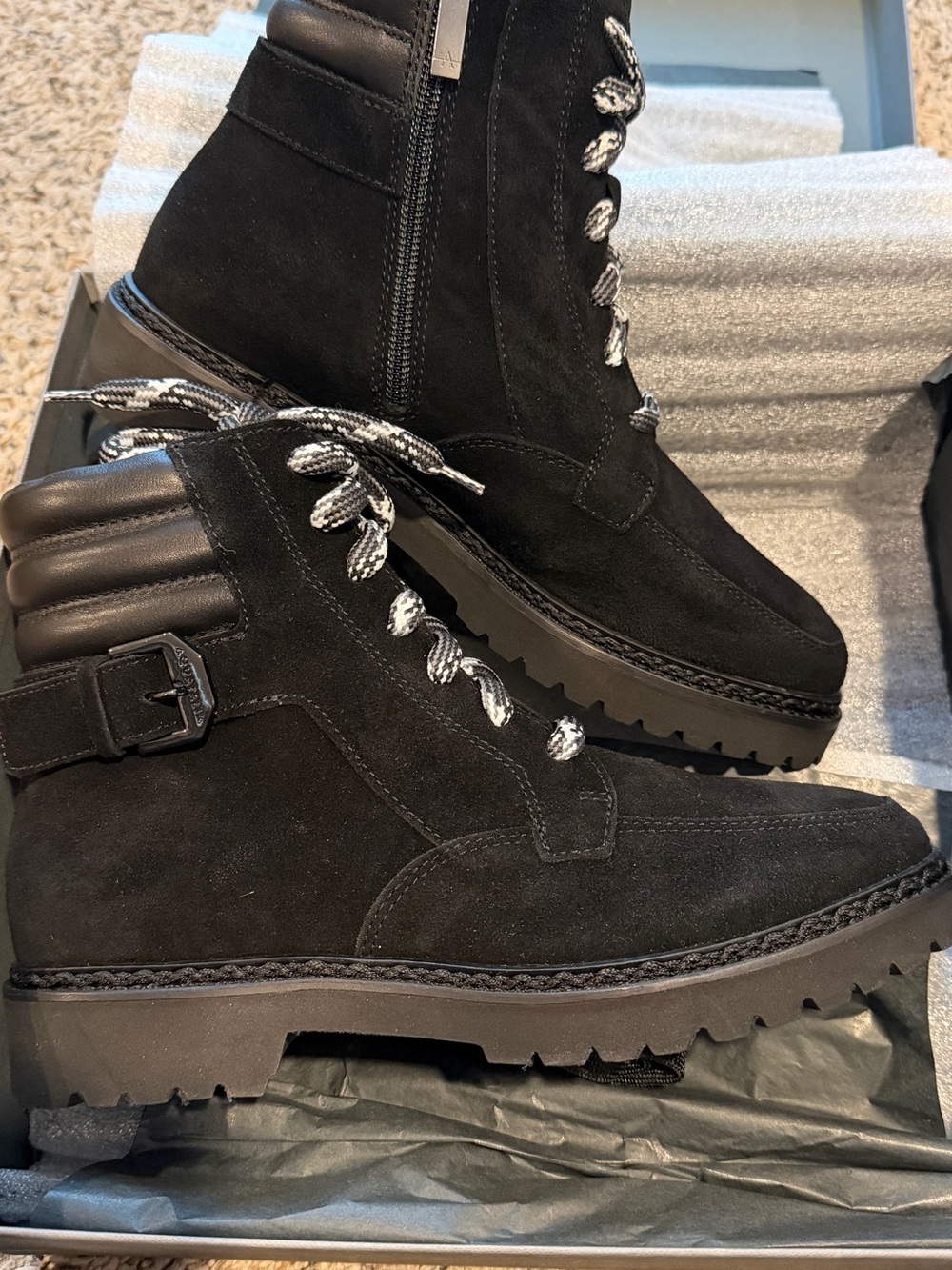 Aquatalia Mayra Black Suede Combat Boots with Contrast or Black Laces